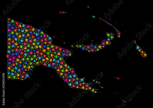 Bright vector marijuana Papua New Guinea map collage on a black background. Template with bright weed leaves for weed legalize campaign. Vector Papua New Guinea map is constructed with ganja leaves.