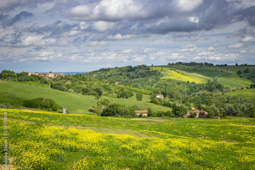 Spring colors in the Monferrato hills, Piedmont, Italy. Landscape with cloudy sky.