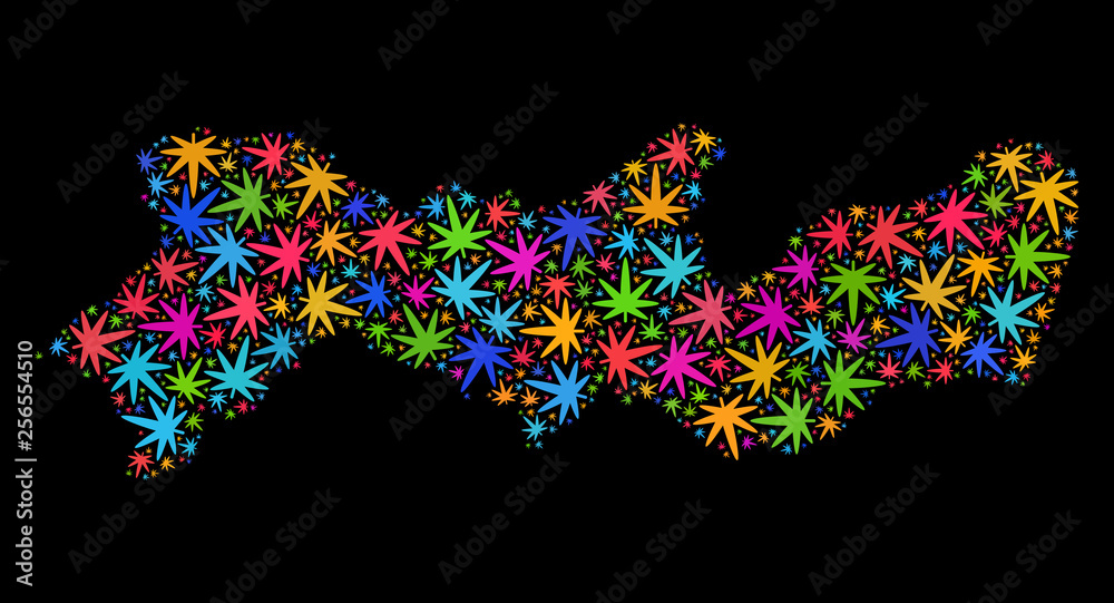 Bright vector cannabis Pernambuco State map collage on a black background. Template with multi-colored herbal leaves for cannabis legalize campaign.