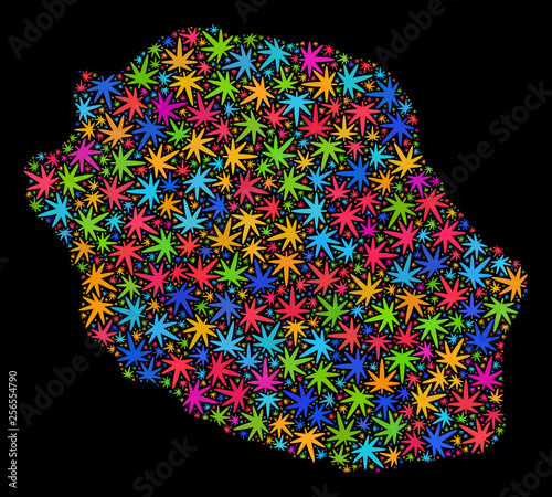 Bright vector cannabis Reunion Island map collage on a black background. Concept with psychedelic herbal leaves for cannabis legalize campaign.