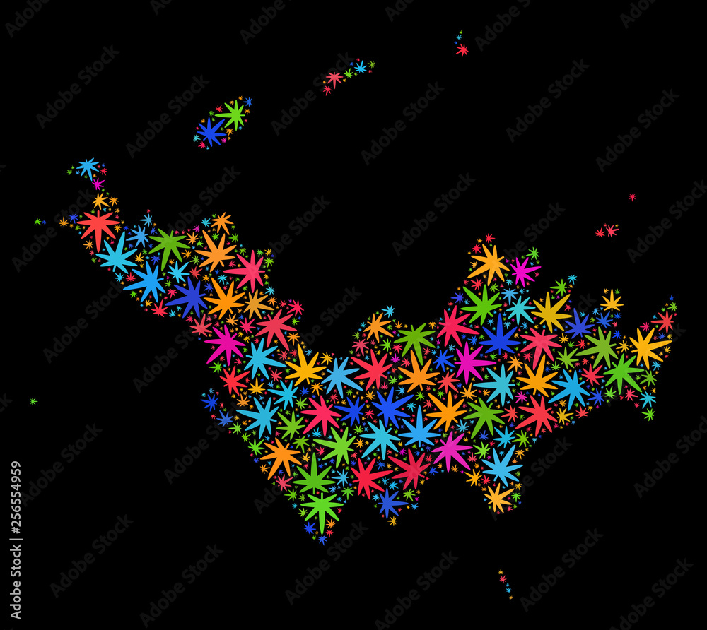 Bright vector marijuana Saint Barthelemy map collage on a black background. Concept with bright herbal leaves for cannabis legalize campaign. Vector Saint Barthelemy map is formed with herbal leaves.