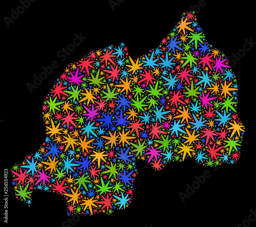 Bright vector cannabis Rwanda map collage on a black background. Template with colorful weed leaves for cannabis legalize campaign. Vector Rwanda map is created with cannabis leaves.