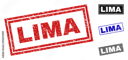 Grunge LIMA rectangle stamp seals isolated on a white background. Rectangular seals with grunge texture in red, blue, black and gray colors.
