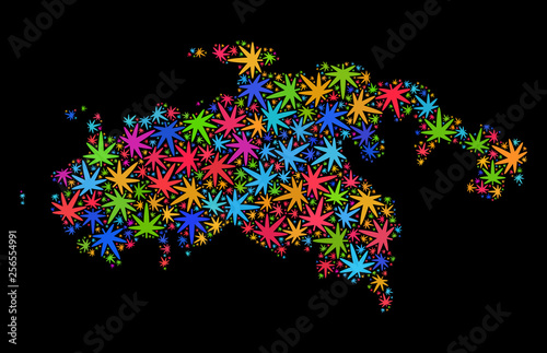 Bright vector marijuana Saint John Island map collage on a black background. Template with colored weed leaves for marijuana legalize campaign.