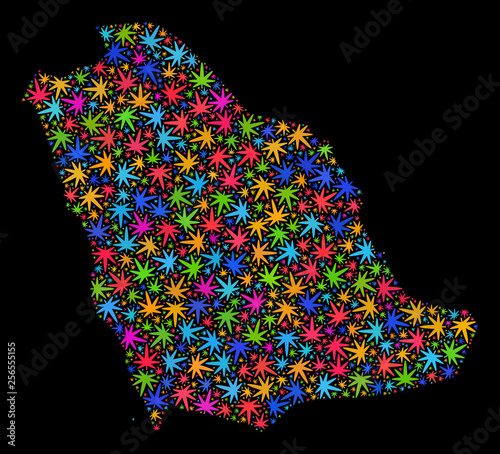 Bright vector cannabis Saudi Arabia map collage on a black background. Concept with bright herbal leaves for hemp legalize campaign. Vector Saudi Arabia map is designed with herbal leaves.