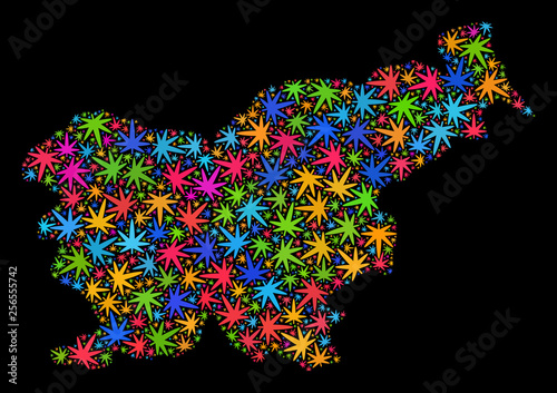 Bright vector cannabis Slovenia map mosaic on a black background. Concept with psychedelic herbal leaves for cannabis legalize campaign. Vector Slovenia map is formed with cannabis leaves.