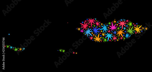 Bright vector cannabis Socotra Archipelago map mosaic on a black background. Concept with colored herbal leaves for cannabis legalize campaign.