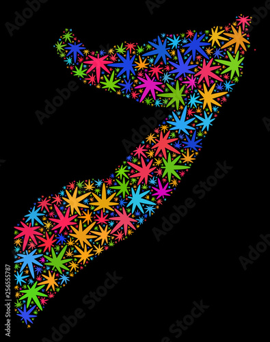 Bright vector cannabis Somalia map mosaic on a black background. Concept with colored weed leaves for cannabis legalize campaign. Vector Somalia map is designed of weed leaves.