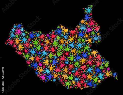 Bright vector cannabis South Sudan map mosaic on a black background. Template with bright herbal leaves for marijuana legalize campaign. Vector South Sudan map is formed with herbal leaves.