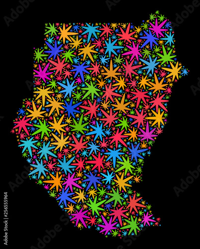 Bright vector cannabis Sudan map mosaic on a black background. Concept with colored weed leaves for weed legalize campaign. Vector Sudan map is organized with cannabis leaves.