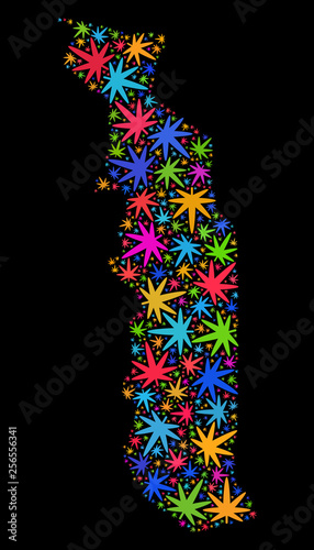 Bright vector cannabis Togo map collage on a black background. Concept with colored herbal leaves for cannabis legalize campaign. Vector Togo map is formed with herbal leaves.