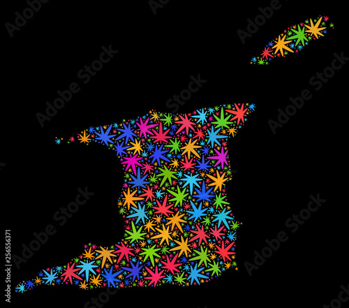 Bright vector marijuana Trinidad and Tobago map mosaic on a black background. Template with bright herbal leaves for marijuana legalize campaign.