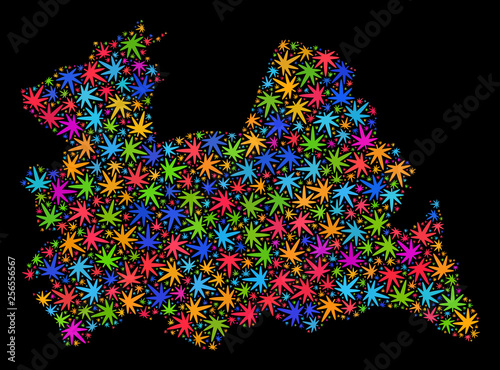 Bright vector cannabis Utrecht Province map collage on a black background. Template with bright herbal leaves for cannabis legalize campaign.