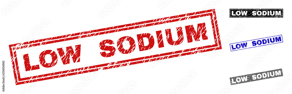 Grunge LOW SODIUM rectangle stamp seals isolated on a white background. Rectangular seals with grunge texture in red, blue, black and grey colors. Grunge LOW SODIUM rectangle stamp seals isolated on a white background. Rectangular seals with grunge texture in red, blue, black and grey colors.