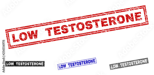 Grunge LOW TESTOSTERONE rectangle stamp seals isolated on a white background. Rectangular seals with grunge texture in red, blue, black and gray colors.