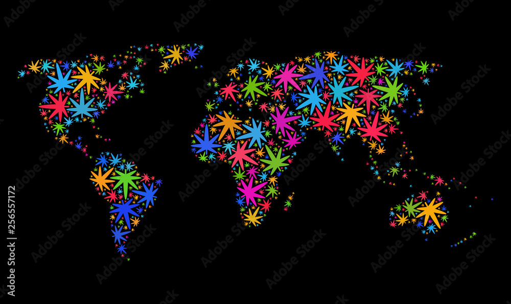 Bright vector marijuana world map mosaic on a black background. Concept with bright weed leaves for marijuana legalize campaign. Vector world map is constructed of weed leaves.