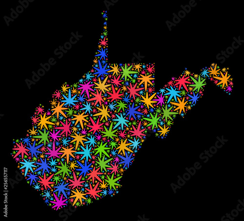 Bright vector marijuana West Virginia State map collage on a black background. Concept with colored weed leaves for marijuana legalize campaign.