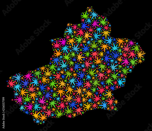 Bright vector marijuana Xinjiang Uyghur Region map mosaic on a black background. Concept with bright herbal leaves for marijuana legalize campaign.