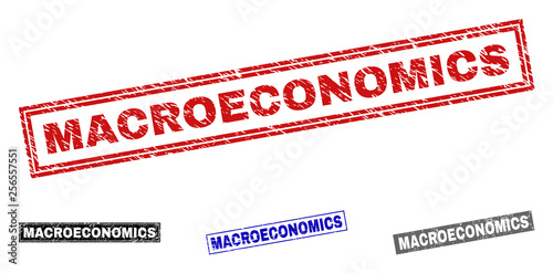 Grunge MACROECONOMICS rectangle stamp seals isolated on a white background. Rectangular seals with grunge texture in red, blue, black and grey colors.