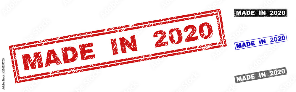 Grunge MADE IN 2020 rectangle stamp seals isolated on a white background. Rectangular seals with grunge texture in red, blue, black and gray colors. Grunge MADE IN 2020 rectangle stamp seals isolated on a white background. Rectangular seals with grunge texture in red, blue, black and gray colors.