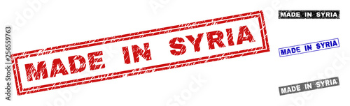 Grunge MADE IN SYRIA rectangle stamp seals isolated on a white background. Rectangular seals with grunge texture in red, blue, black and gray colors.