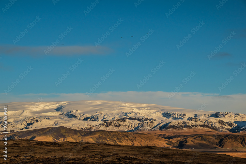 View of the mountains from the cliff Dyrholaey. Iceland