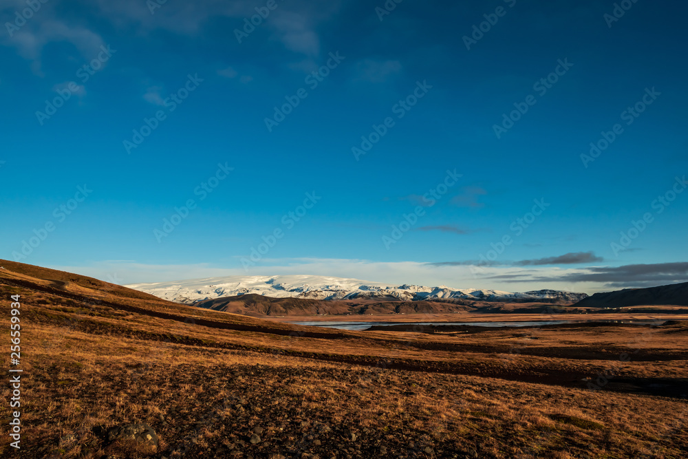 View of the mountains from the cliff Dyrholaey. Iceland