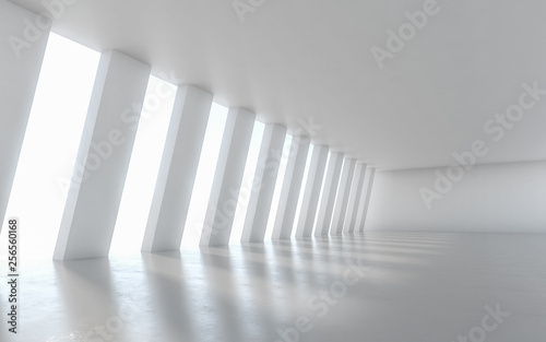 Abstract empty illuminated corridor interior design. 3D rendering.