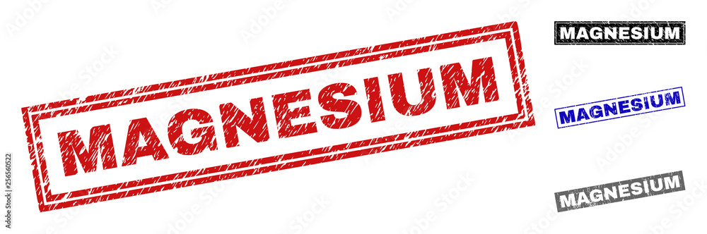 Grunge MAGNESIUM rectangle stamp seals isolated on a white background. Rectangular seals with grunge texture in red, blue, black and grey colors. Grunge MAGNESIUM rectangle stamp seals isolated on a white background. Rectangular seals with grunge texture in red, blue, black and grey colors.