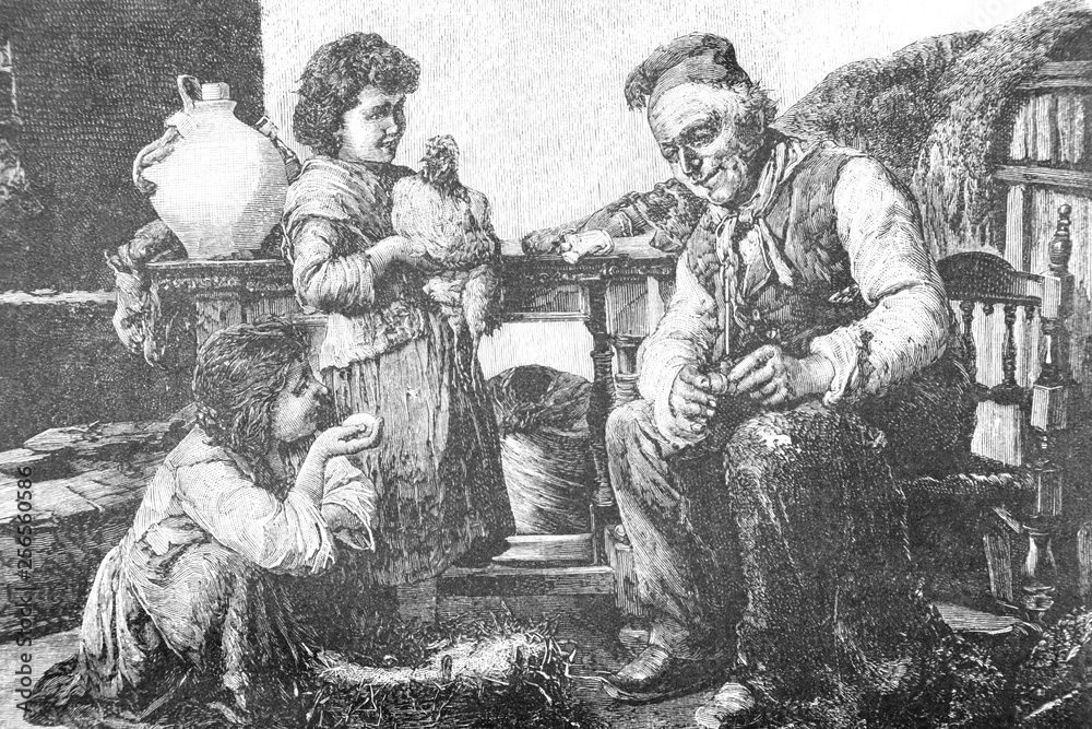 Children with grandfather - Vintage Engraved Illustration, 1894