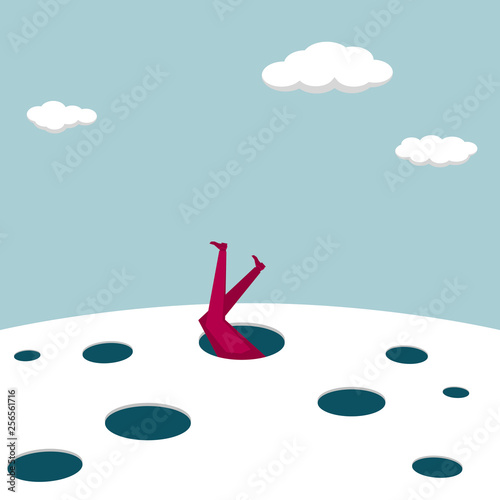 The businessman fell into the trap. Only the legs are exposed.