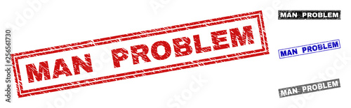 Grunge MAN PROBLEM rectangle stamp seals isolated on a white background. Rectangular seals with distress texture in red, blue, black and gray colors.
