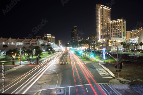 long exposure car light trails in downtown san diego at night