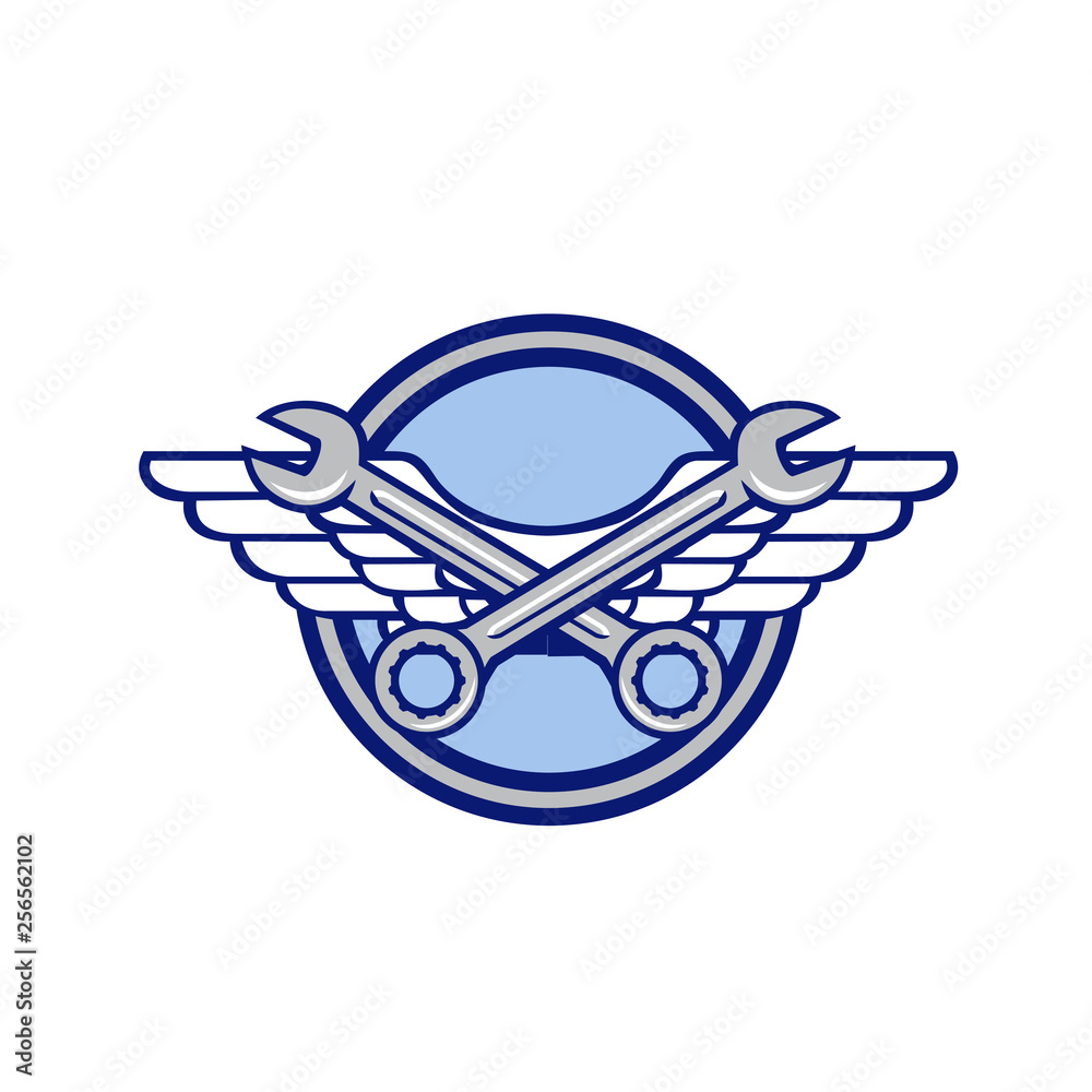 Φωτογραφία Icon retro style illustration of a crossed spanner or wrench and air force, aviator or army wings set inside circle on isolated background