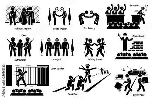 International country treaties, laws, and agreements. Artwork depicts political asylum, peace and tax treaty, sanction, extradition, interpol, allies, close and open border, ceasefire, and free trade.