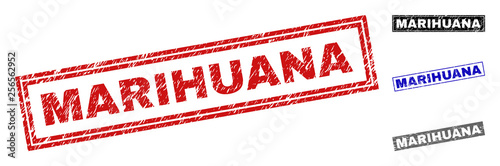 Grunge MARIHUANA rectangle stamp seals isolated on a white background. Rectangular seals with grunge texture in red, blue, black and grey colors.