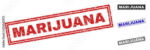 Grunge MARIJUANA rectangle stamp seals isolated on a white background. Rectangular seals with grunge texture in red, blue, black and grey colors.