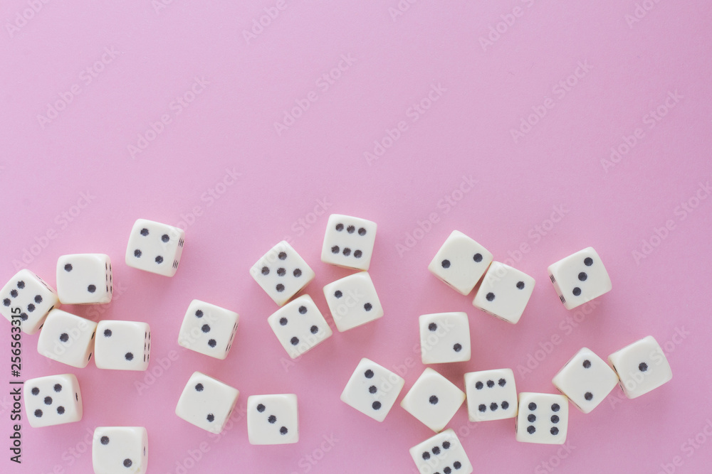 White gaming dices on violet background. victory chance and lucky. Flat lay style, place for text. Top view and Close-up cube. Concept business, gamble and game. Spectacular background pastel.