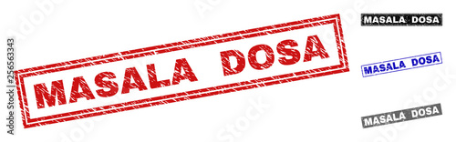 Grunge MASALA DOSA rectangle stamp seals isolated on a white background. Rectangular seals with grunge texture in red, blue, black and gray colors.