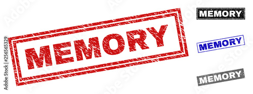 Grunge MEMORY rectangle stamp seals isolated on a white background. Rectangular seals with grunge texture in red, blue, black and gray colors.