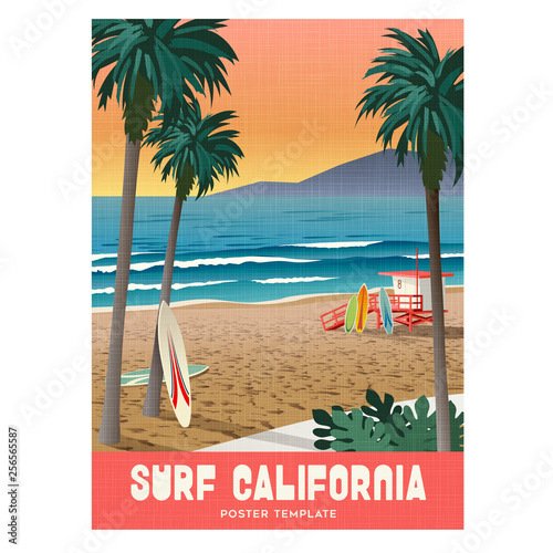 California surfing travel poster with sunset and palm trees. Vector illustration.