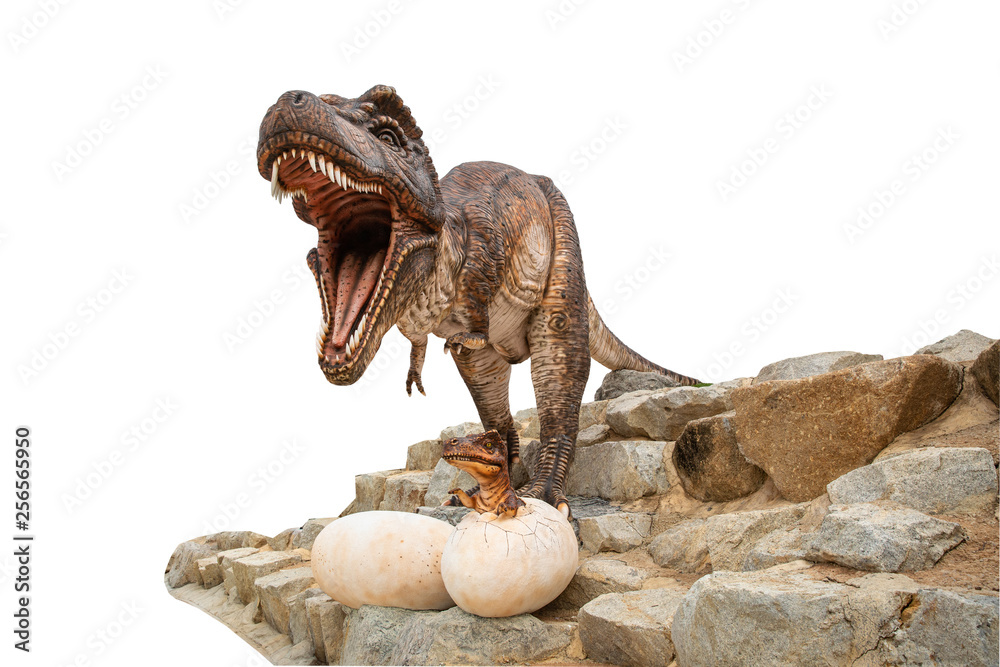 Naklejka premium statue big brown dinosaur and little dinosaur in egg on the rock and white background