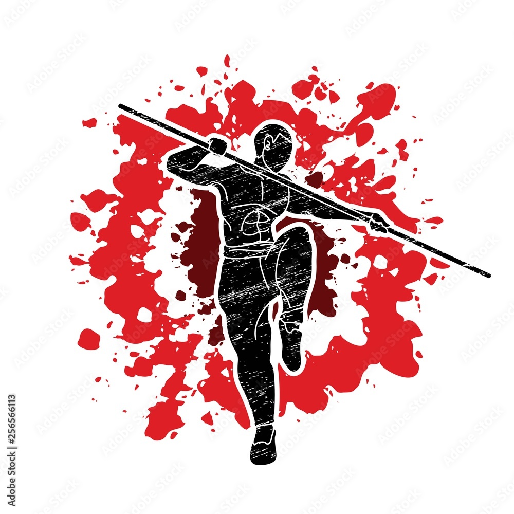 Man with quarterstaff action, Kung Fu pose graphic vector.