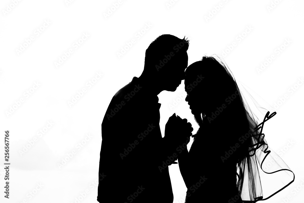 Silhouette of a lovely married couple kissing each other passionately , black and white.