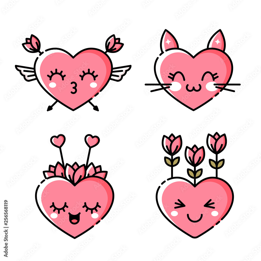 Emoji Heart Icon. Cute pink hearts with emotions. Stock Vector ...