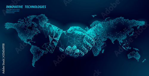 Global handshake business agreement. Low poly polygonal triangle professional work planet Earth partnership. Office succsesfull teamwork vector illustration photo