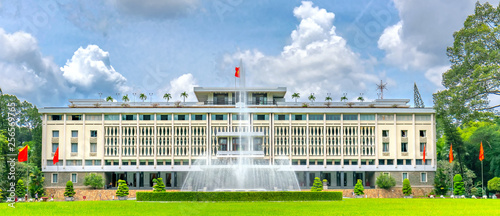 Ho Chi Minh city, Vietnam, August 24th, 2018: Front View Reunification Palace, which work of president and government to recognize national historic sites in Ho Chi Minh City, Vietnam