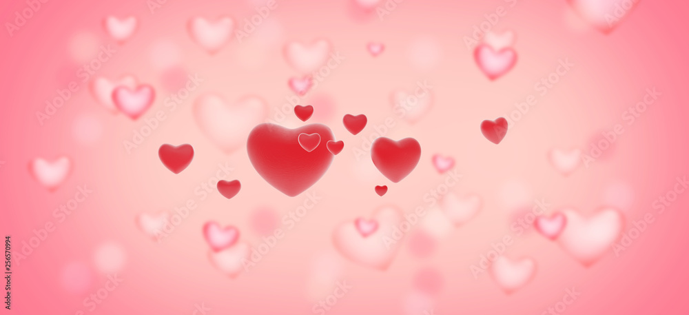 creative background with red hearts in front of many blurred pink hearts 3d-illustration