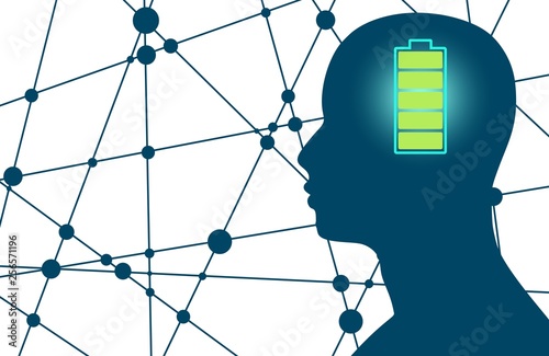 Silhouette of a mans head with high full level energy battery icon. Mental health relative brochure, report or flyer design template. Scientific medical designs. Connected lines with dots.