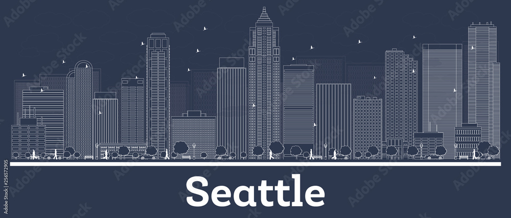Outline Seattle Washington City Skyline with White Buildings.
